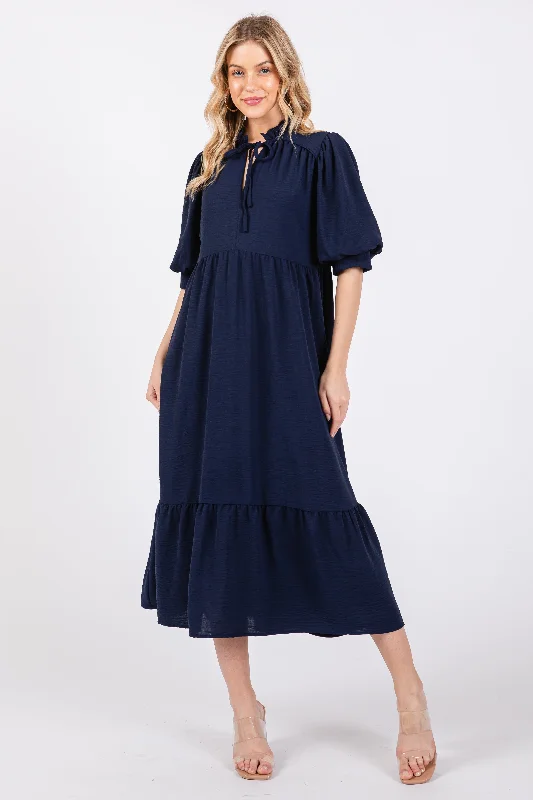 Navy Balloon Sleeve Split Neck Midi Dress Trendy Shift Midi Dress