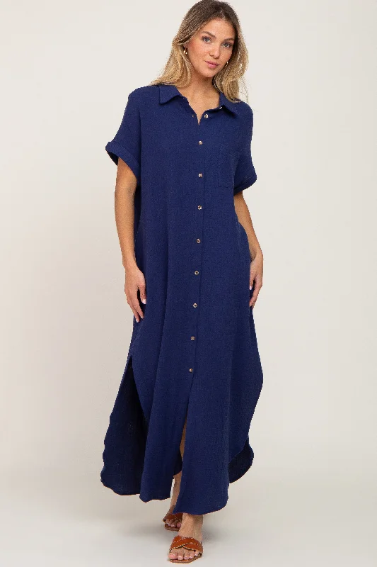 Navy Button Down Midi Dress Trendy Ruffled Sleeve Midi Dress