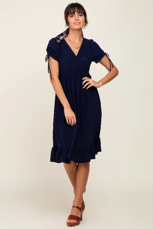 Navy Cinched Sleeve Midi Dress Trendy Bodycon Midi Dress