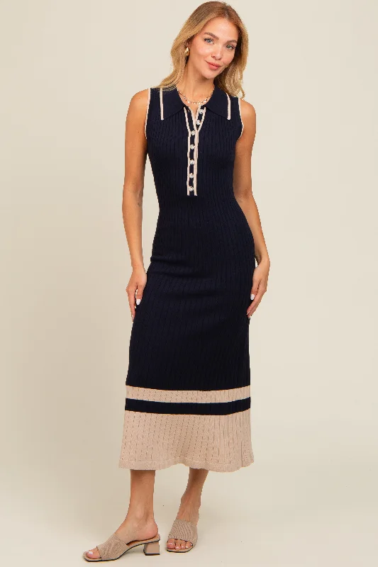 Navy Knit Button Front Contrast Border Midi Dress Trendy Tiered Hem Midi Dress