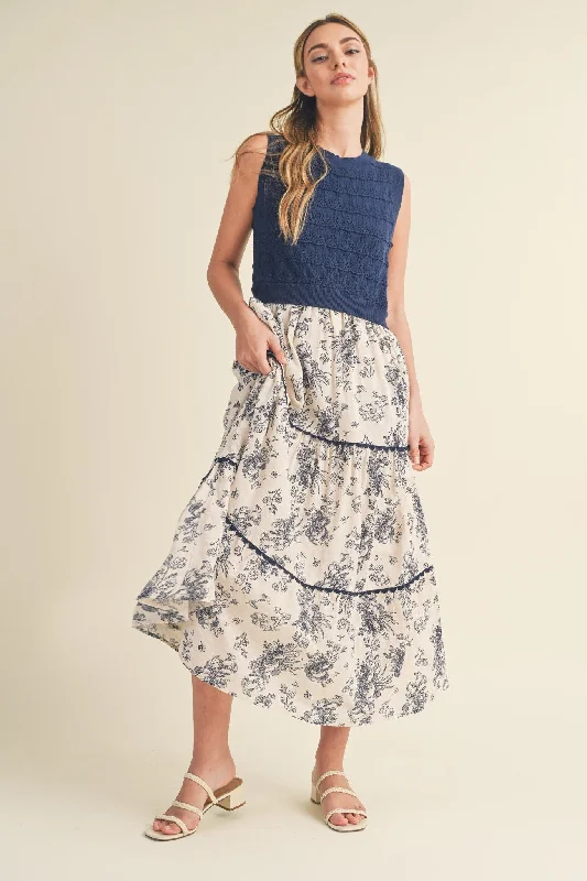 Navy Mixed Media Midi Dress Trendy Ruffle Hem Midi Dress