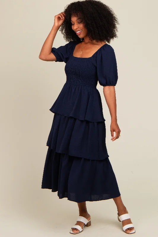 Navy Smocked Body Ruffled Tiered Midi Dress Fashionable One-Shoulder Midi Dress