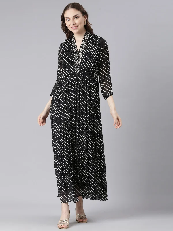 Neerus Black Cotton Straight Casual Ethnic Motifs Maxi Dresses Fashionable Chiffon Maxi Dress