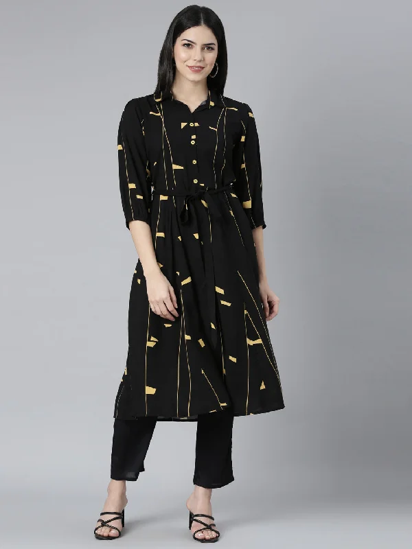Neerus Black Straight Casual Geometric Maxi Dresses Comfortable Ruffle Maxi Dress