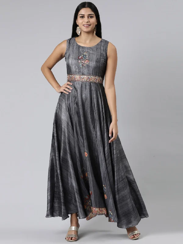 Neeru's Grey Curved Casual Embroidered Maxi Dress Cozy Maxi Dress with Slit