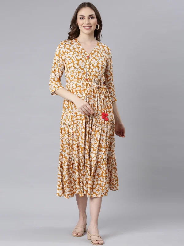 Neerus Mustard Curved Casual Floral Maxi Dresses Stylish Pleated A-Line Maxi Dress