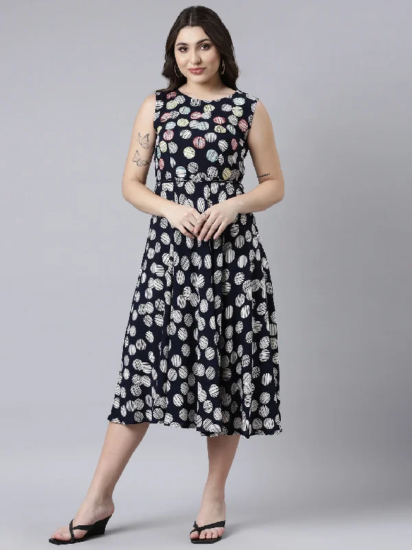 Neerus Navy Blue Straight Casual Floral Maxi Dresses Chic Button-Up Maxi Dress