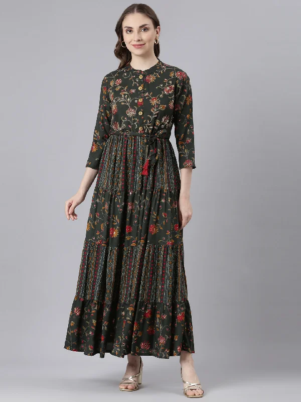 Neerus Olive Viscose Rayon Straight Casual Floral Maxi Dresses Fashionable Halter Neck Maxi Dress Neerus Olive Viscose Rayon Straight Casual Floral Maxi Dresses Fashionable Halter Neck Maxi Dress