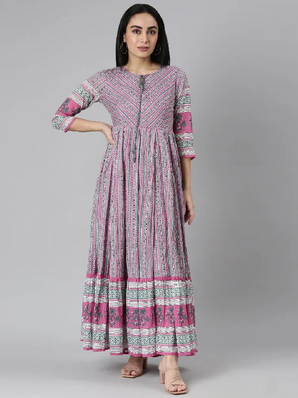 Neerus Pink Curved Casual Ethnic Motifs Maxi Dresses Comfortable Maxi Dress with Slits Neerus Pink Curved Casual Ethnic Motifs Maxi Dresses Comfortable Maxi Dress with Slits