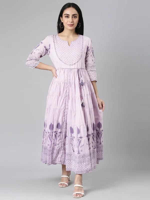 Neerus Purple Flared Casual Floral Maxi Dresses Stylish Maxi Dress with Pleats