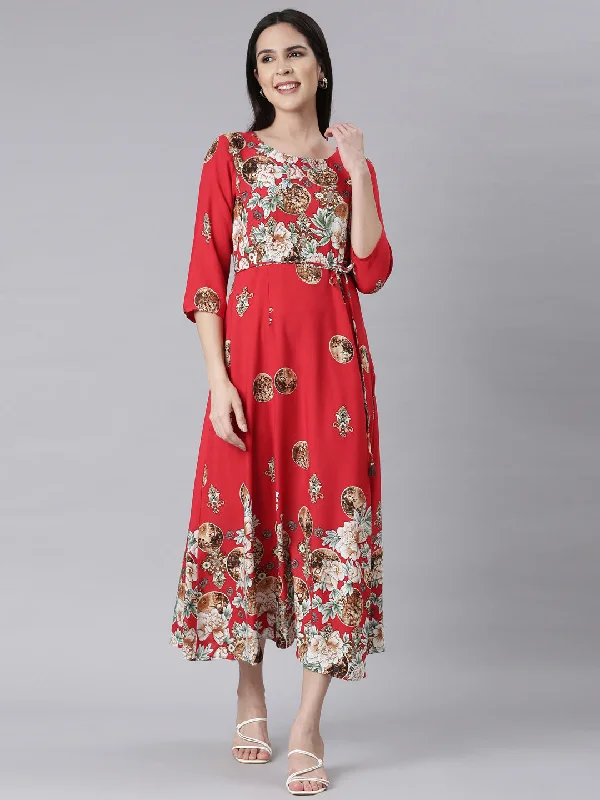 Neerus Red Curved Casual Floral Maxi Dresses Trendy Satin Maxi Dress