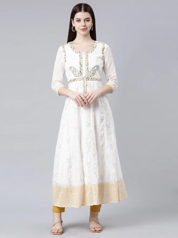 Neerus White Straight Casual Ethnic Motifs Maxi Dresses Comfortable Ruffle Hem Maxi Dress Neerus White Straight Casual Ethnic Motifs Maxi Dresses Comfortable Ruffle Hem Maxi Dress