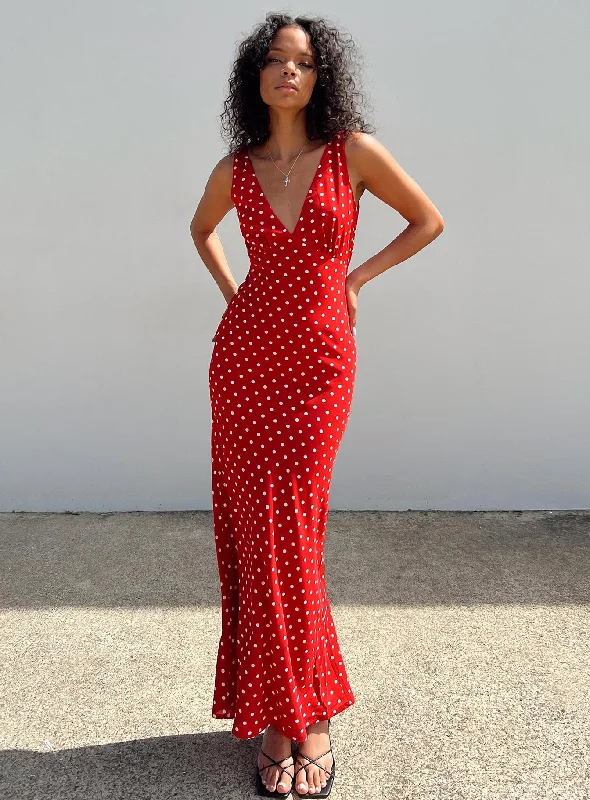 Nellie Maxi Dress Red Polka Dot Trendy Maxi Dress with Lace