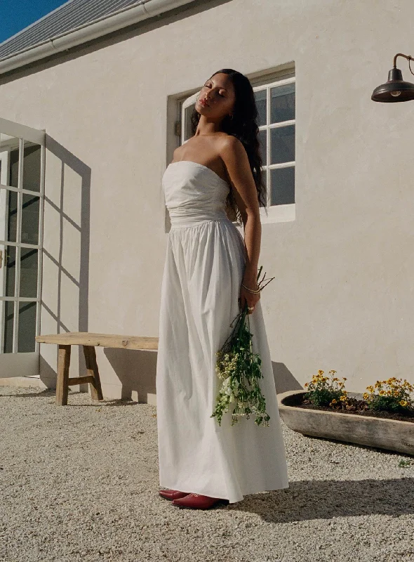 Nicia Strapless Maxi Dress White Comfortable Satin Maxi Dress