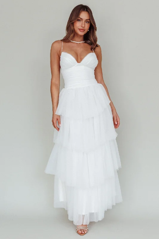 Nightingale Tiered Mesh Maxi Dress White Elegant Tiered Maxi Dress