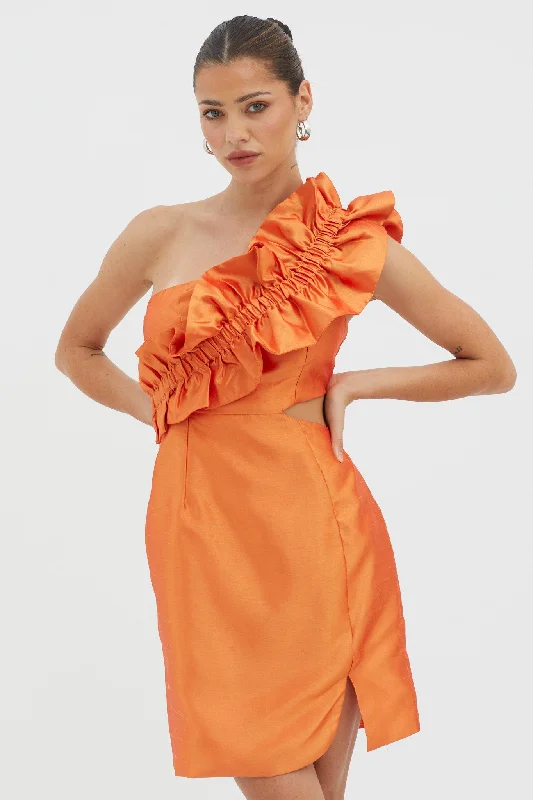 NY Moment Wide Ruffle Shoulder Mini Dress Orange Elegant Mini Dress with Pleats