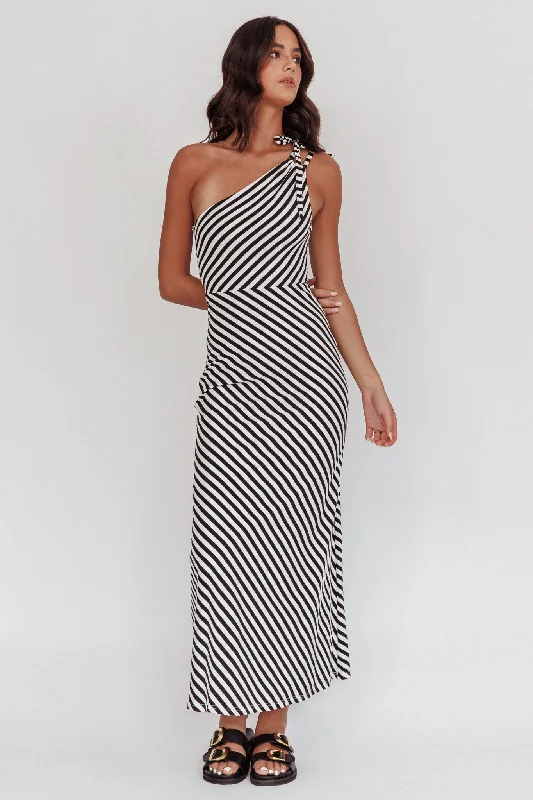 Ocean Road Tied One-Shoulder Maxi Dress Stripe Black Elegant Wraparound Maxi Dress