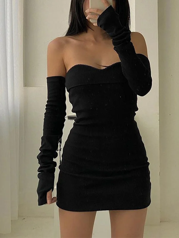 BerryBetty - Off Shoulder Long Sleeve Mini Dress Comfortable Off-Shoulder Mini Dress