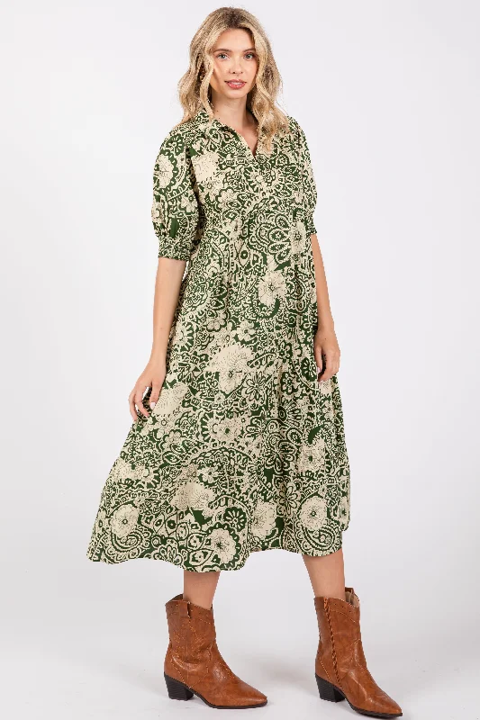 Olive Floral Collared Tiered Midi Dress Stylish Midi Dress with Cuffs