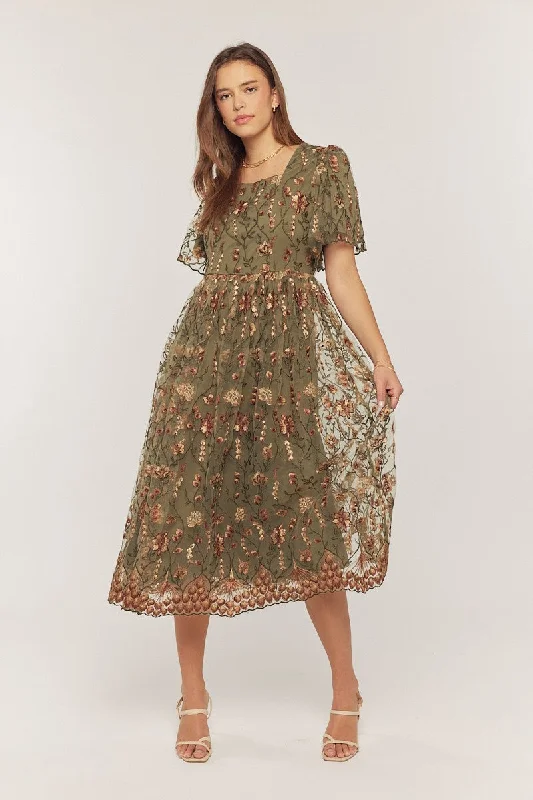 Olive Floral Embroidered Mesh Overlay Midi Dress Trendy Flared Sleeve Midi Dress