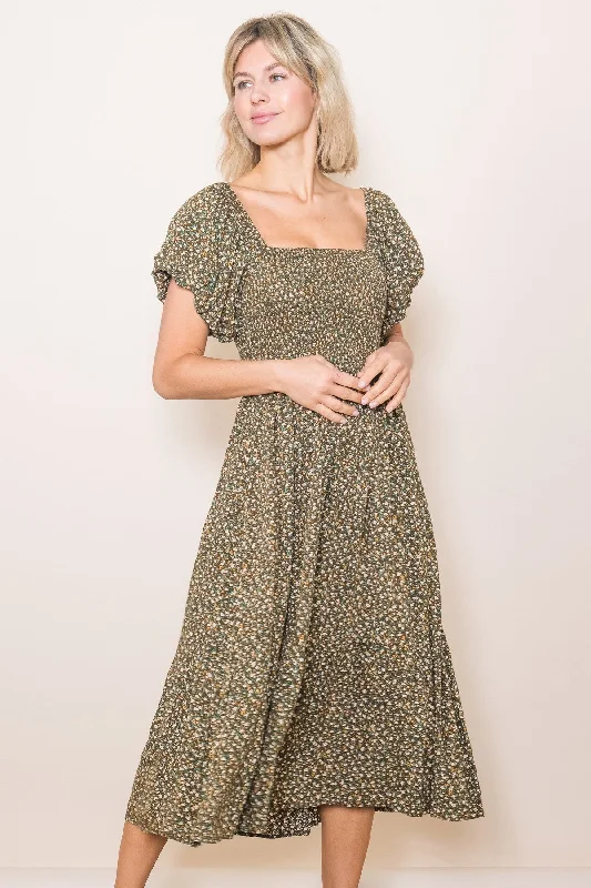 Olive Floral Smocked Midi Dress Trendy Ruched Side Midi Dress