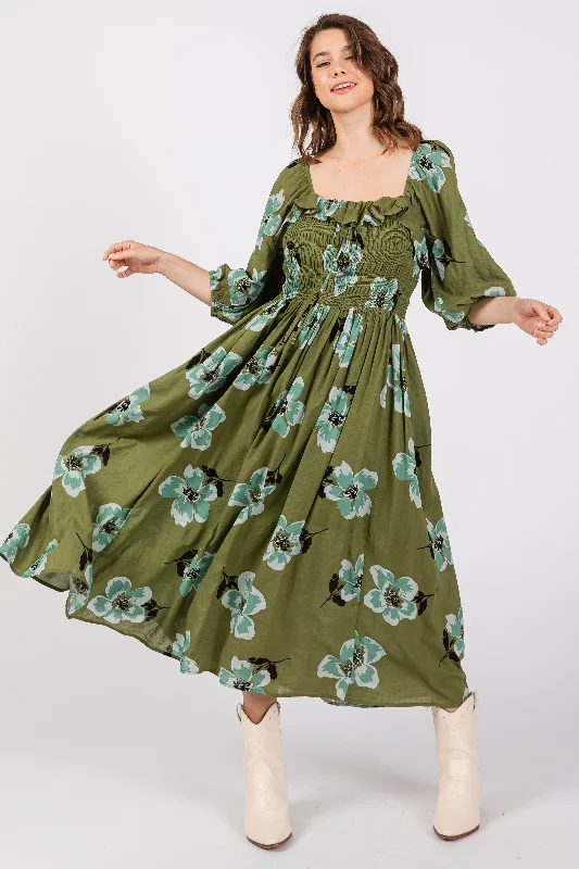 Olive Floral Smocked Midi Dress Stylish Animal Print Midi Dress