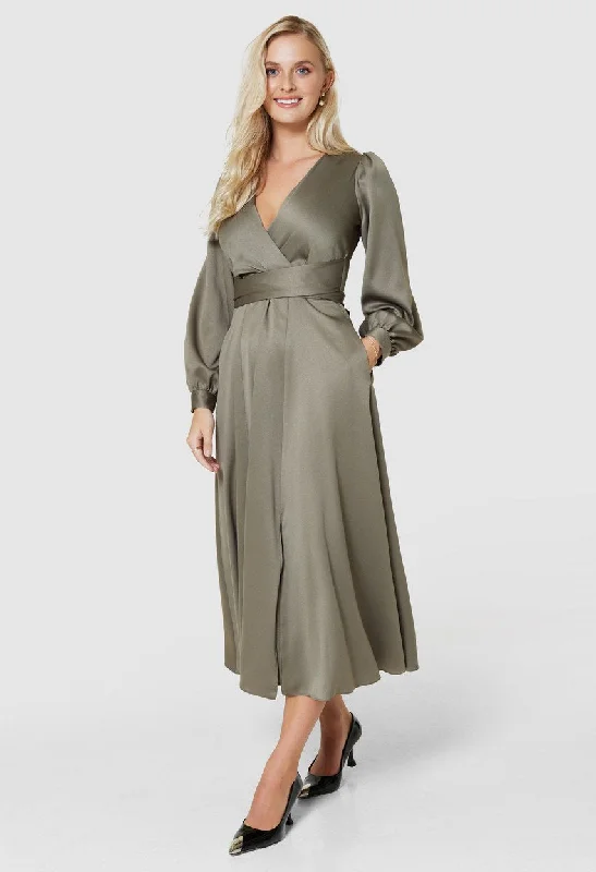 OLIVE FULL SKIRT MIDI DRESS Trendy Shift Midi Dress