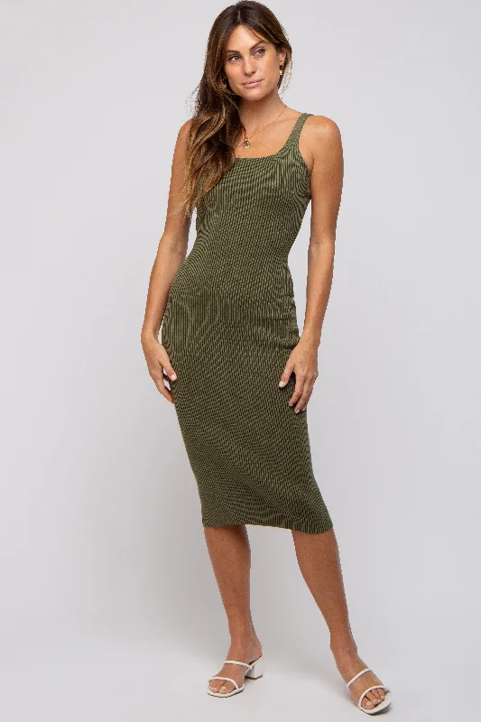 Olive Rib Knit Lace Up Back Midi Dress Comfortable Adjustable Strap Midi Dress