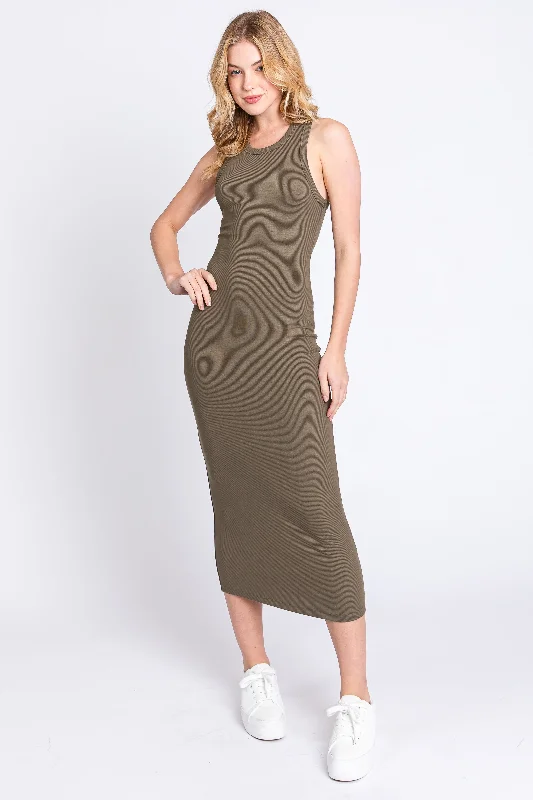 Olive Sleeveless Ribbed Fitted Maternity Midi Dress Comfortable Button Front Midi Dress