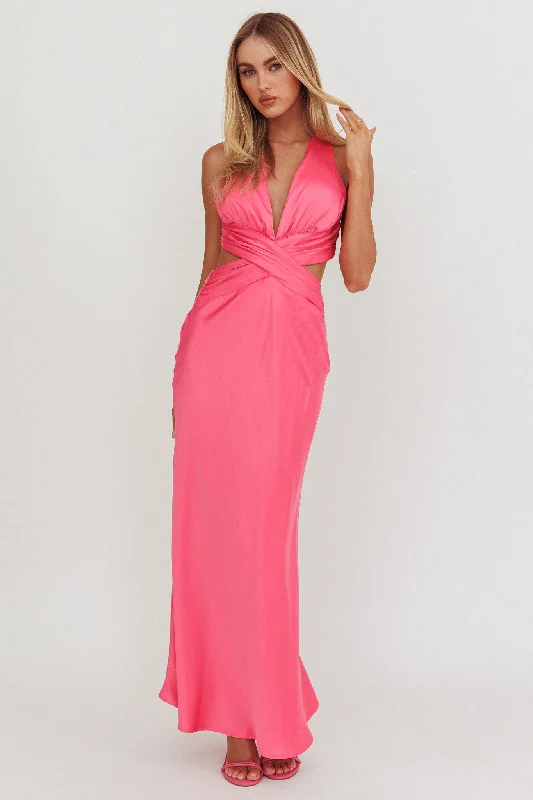 On And On Crossover Cut-Out Maxi Dress Hot Pink Chic Boho Print Maxi Dress