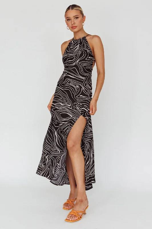 Onella Halterneck Laced Back Maxi Dress Ripple Black Comfortable Maxi Dress with Slits Onella Halterneck Laced Back Maxi Dress Ripple Black Comfortable Maxi Dress with Slits