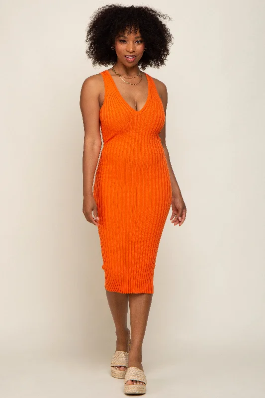 Orange Ribbed Knit Fitted V-Neck Midi Dress Fashionable Fitted Midi Dress