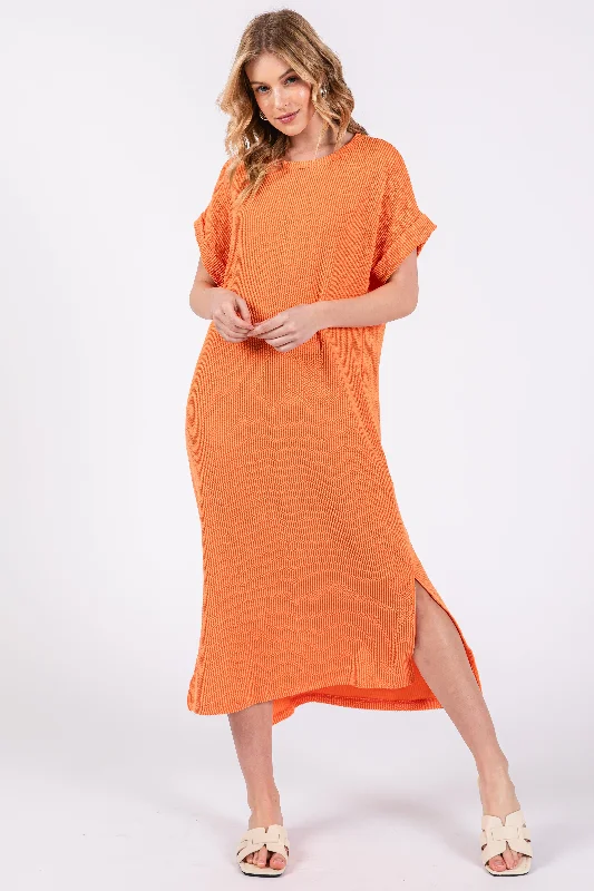 Orange Ribbed Short Sleeve Midi Dress Stylish Animal Print Midi Dress