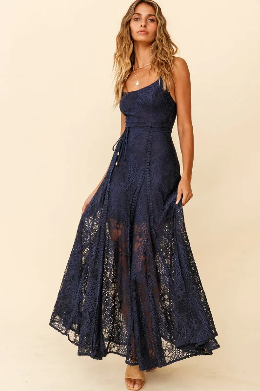 Palm Springs Lace Overlay Maxi Dress Navy Comfortable Fit-and-Flare Maxi Dress