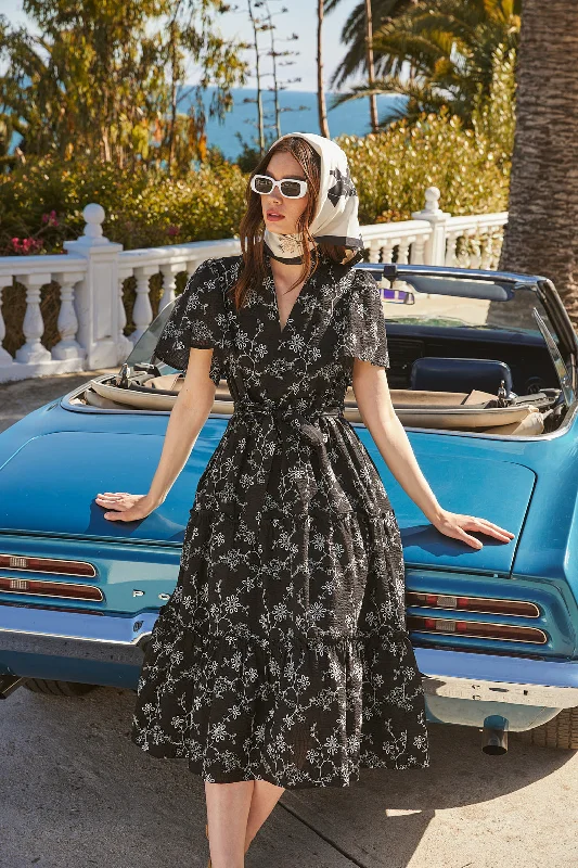 Patricia Floral Noelle Split Neck Poplin Tiered Midi Dress Comfortable Short Sleeve Midi Dress
