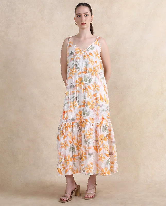 Rareism Women Pavia Multi Sleeveless Shoulder Straps Tie Up A-Line Floral Print Maxi Dress Fashionable High-Low Maxi Dress