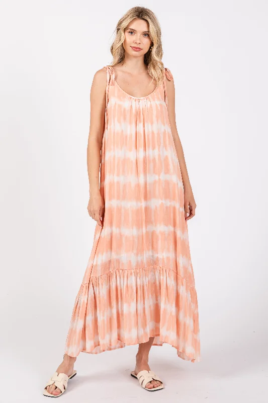 Peach Tie Dye Tie Strap Midi Dress Stylish Wraparound Midi Dress