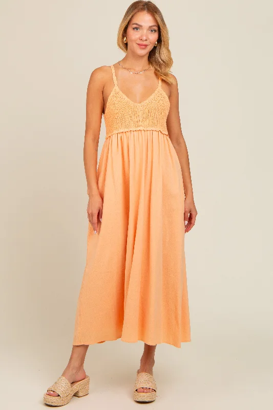 Peach V-Neck Crochet Top Midi Dress Trendy Fit-and-Flare Midi Dress