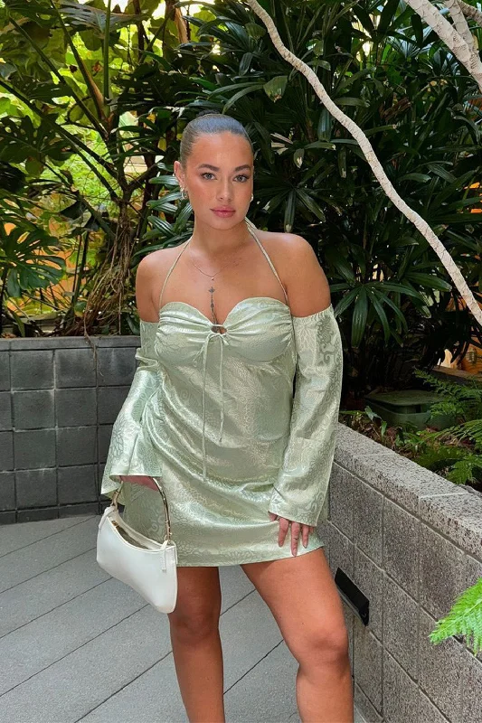 Pearlina Sage Printed Satin Mini Dress Classic White Mini Dress