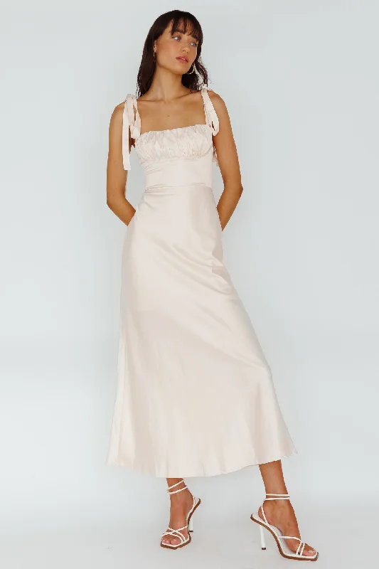 Pennelope Tied Shoulder Maxi Dress Ivory Elegant Maxi Dress with Ruffles