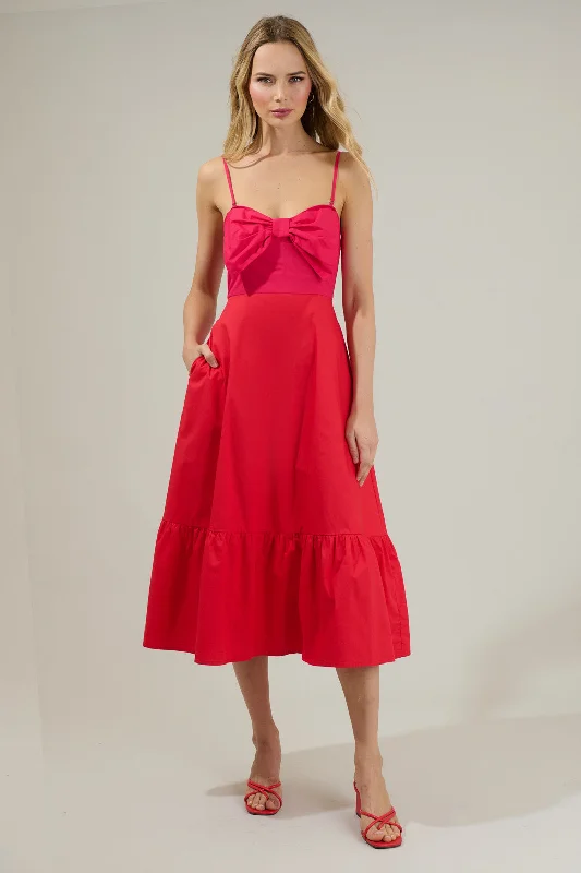 Perline Color Block Bow Midi Dress Elegant Faux Wrap Midi Dress