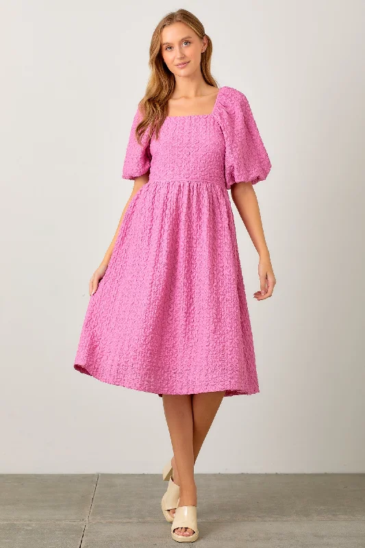 Pink Floral Jacquard Midi Dress Trendy Square Neck Midi Dress