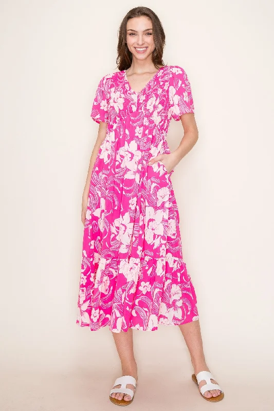 Pink Floral Print Smocked Midi Dress Comfortable Lace-Up Midi Dress