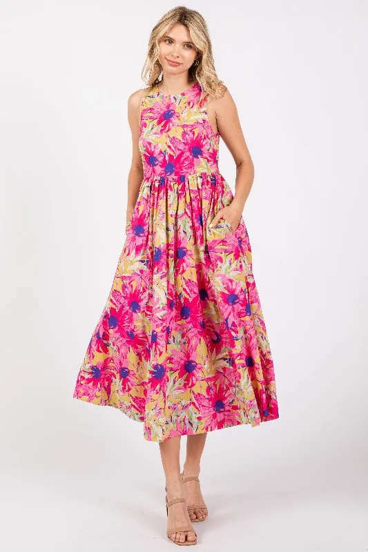 Pink Floral Sleeveless Smocked Back A-Line Midi Dress Comfortable Short Sleeve Midi Dress