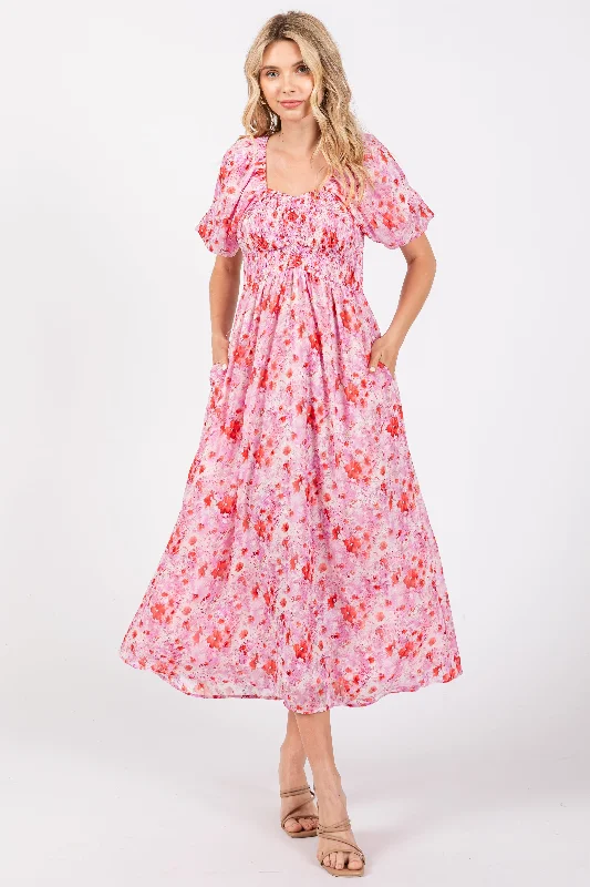 Pink Floral Smocked Sweetheart Neck Short Puff Sleeve Midi Dress Stylish Vintage Midi Dress