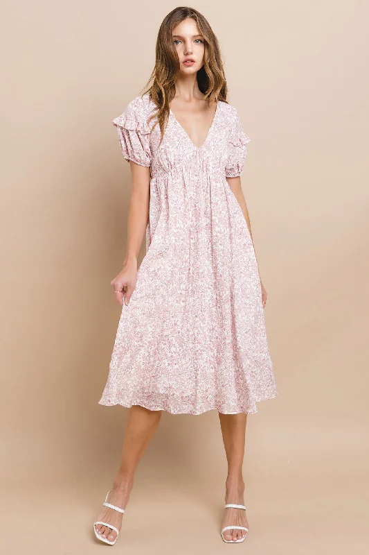 Pink Floral Tie Back Midi Dress Trendy Off-Shoulder Ruffle Midi Dress