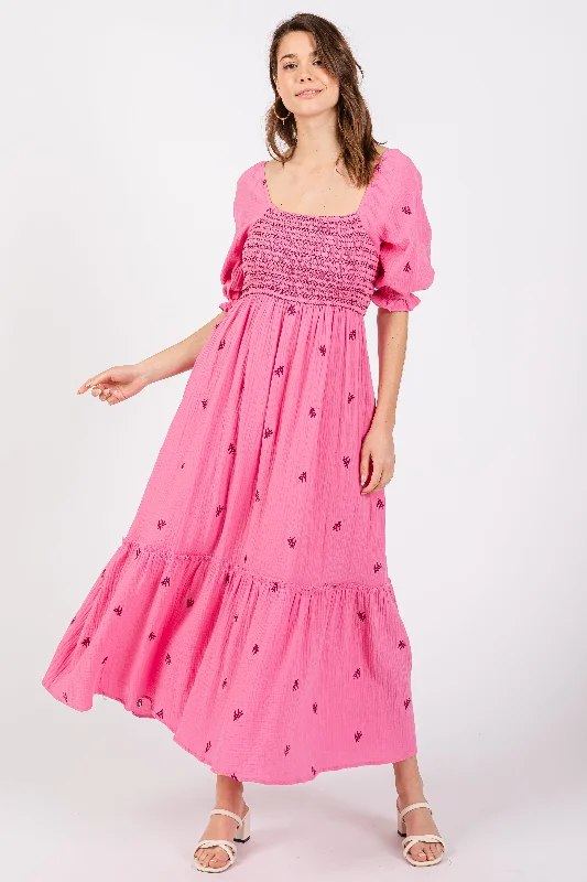 Pink Gauze Smocked Embroidered Square Neck Midi Dress Fashionable High-Neck Midi Dress