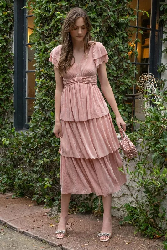 Pink Pleated Tiered Midi Dress Elegant Maxi-Midi Hybrid Dress