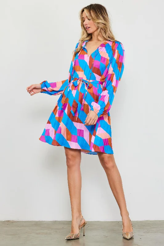 Pleated Geometric Print Mini Dress Trendy Lace Mini Dress