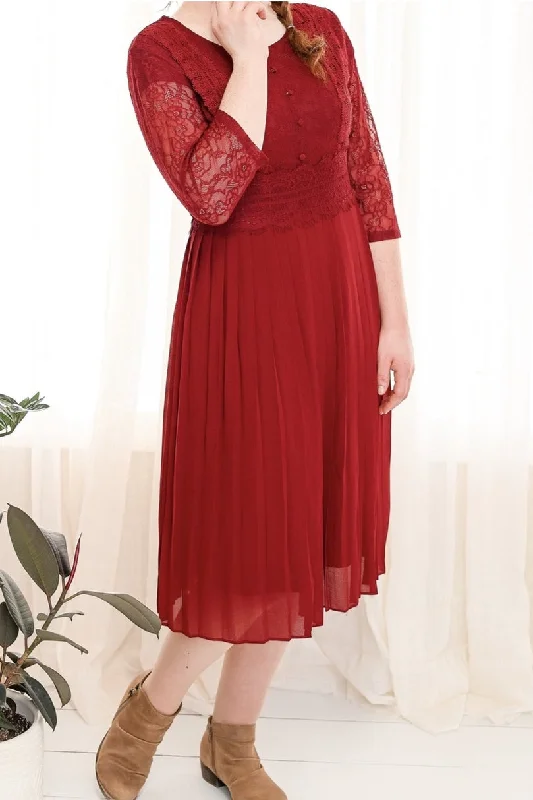 Pleated Midi Dress Style 2764 in Burgundy Stylish Button-Down Midi Dress